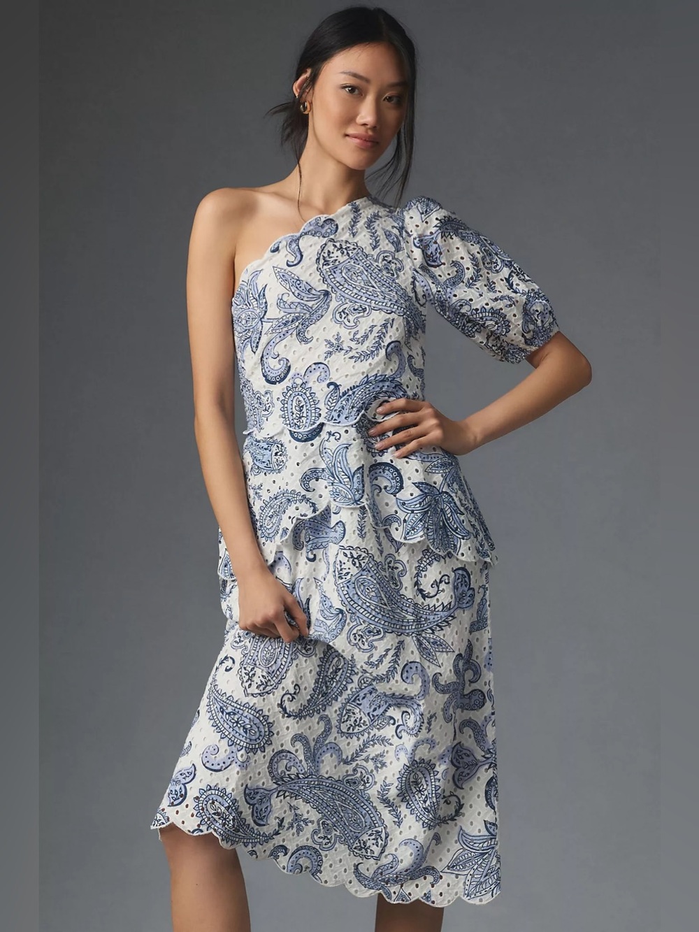 FARM Rio Anthropologie One-Shoulder Eyelet Midi Dress L NWT Paisley Print $258